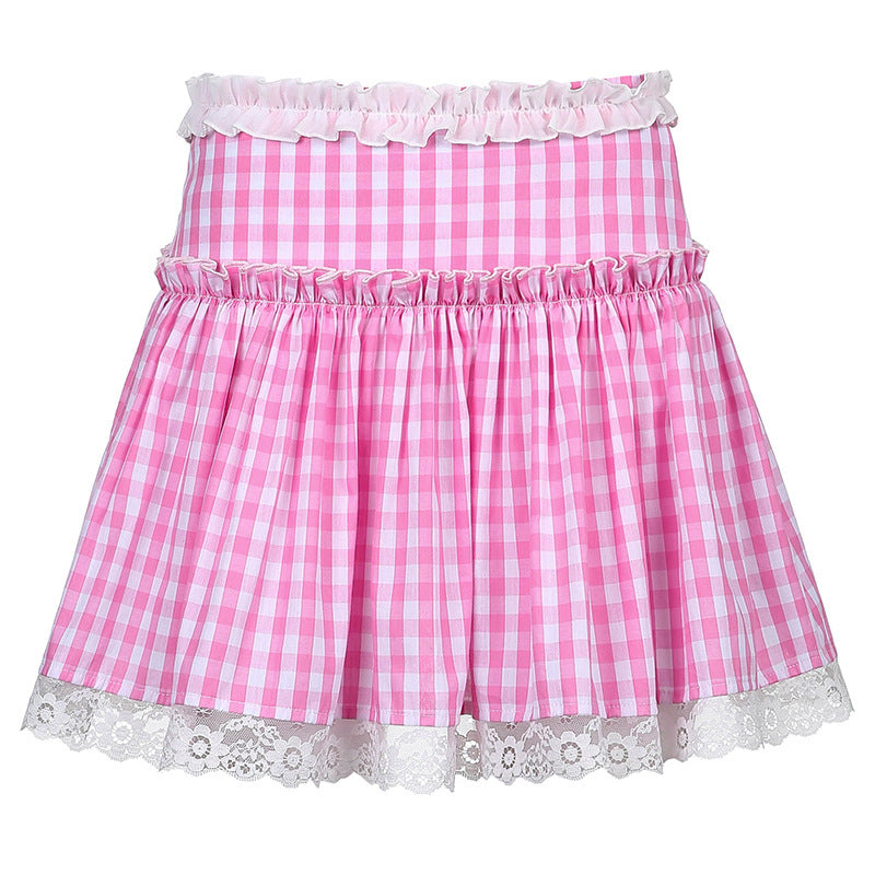 Women S Sexy High Waist Plaid Lace Pleated Skirt Skirt