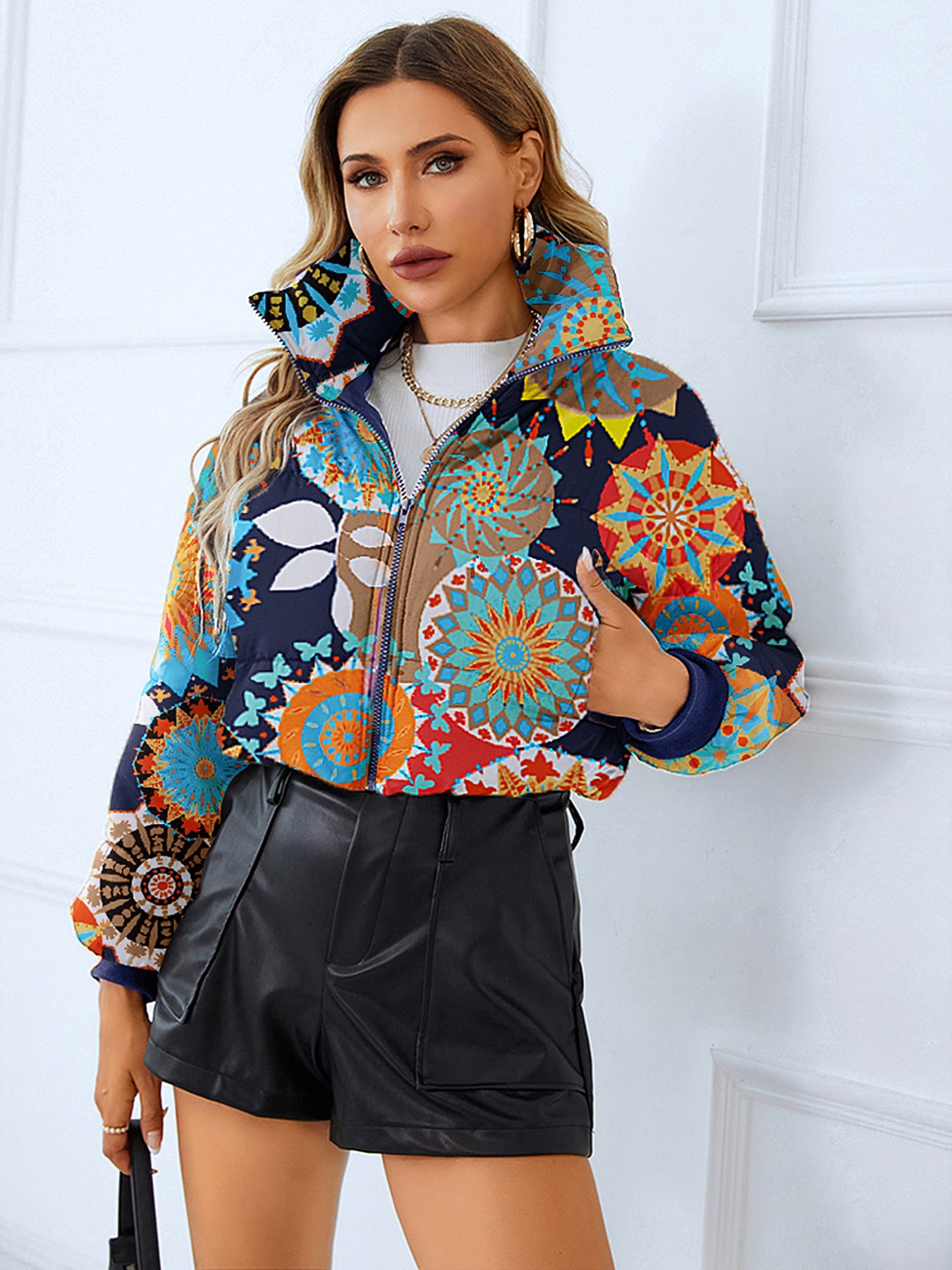 Fashion Bread Coat Women Print Stand Collar Short Coat Winter Jacket