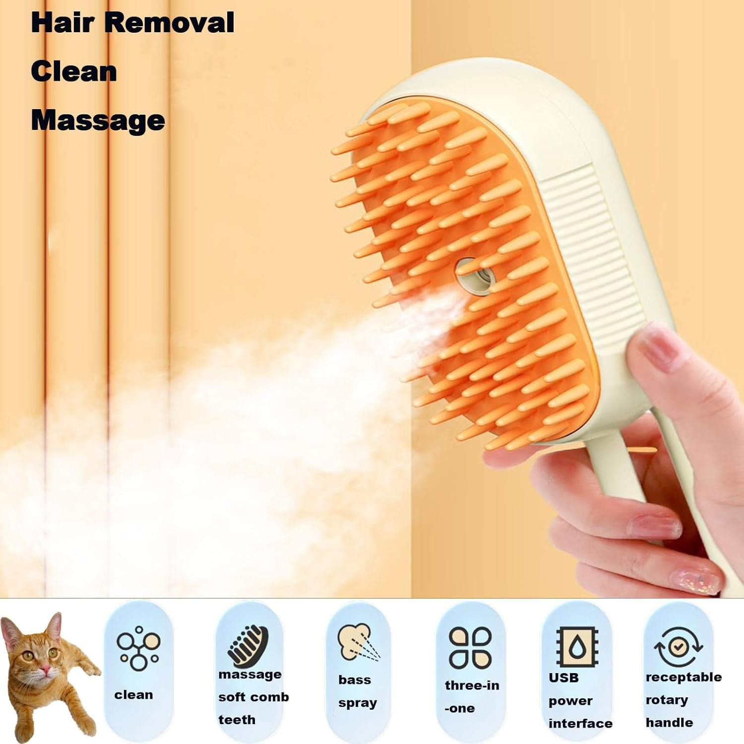 Cat Steam Brush, Cat Hair Brush with Water Misting, Pet Steamy Shedding Brush, Cat Brushes for Long Haired Cats Massager with 360° Foldable Handle for Indoor Small, Medium, Large Dogs and Cats , Pet Brush for Removing Tangled and Loose Hair